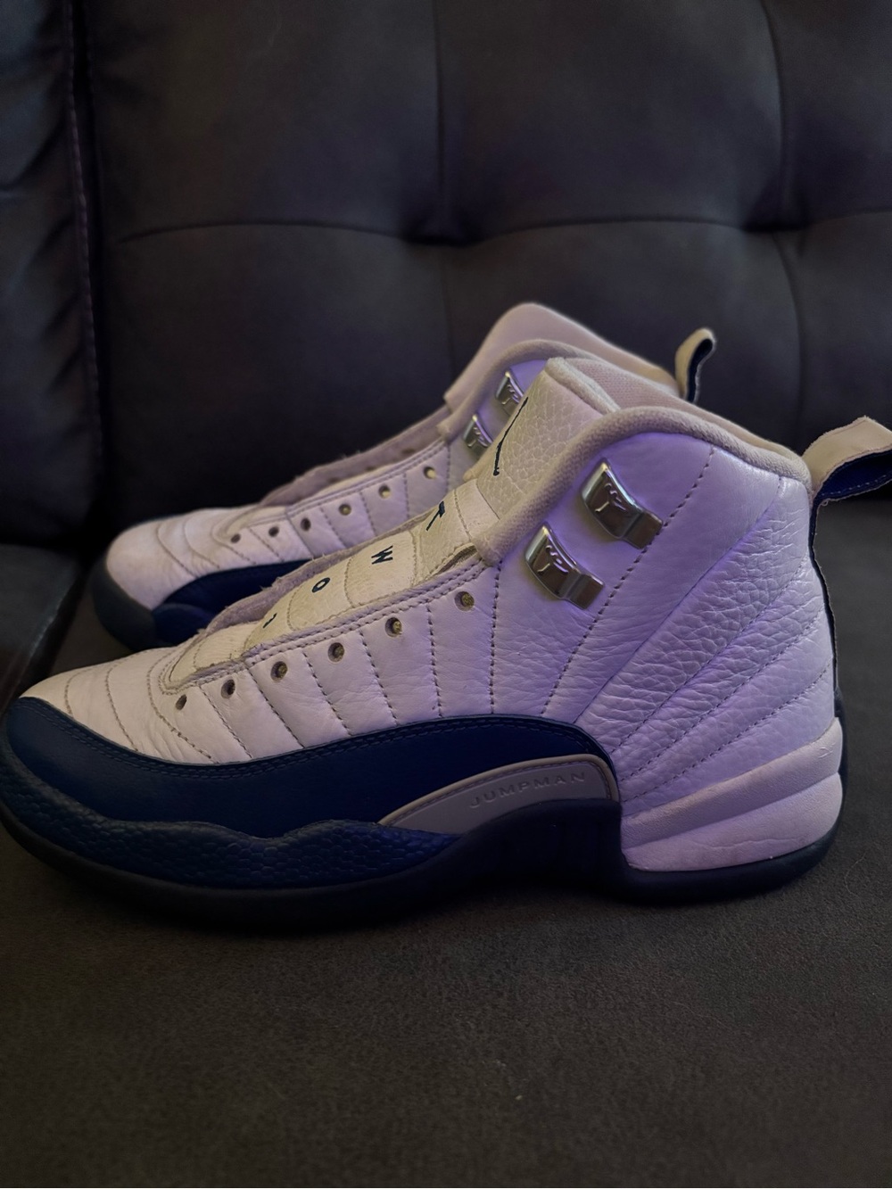 Air Jordan 12 Kids High-Top Sneakers in White and Navy